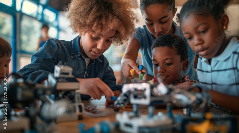 Aufkleber a teacher guiding a small group of children through a robotics experiment, pointing out features on 