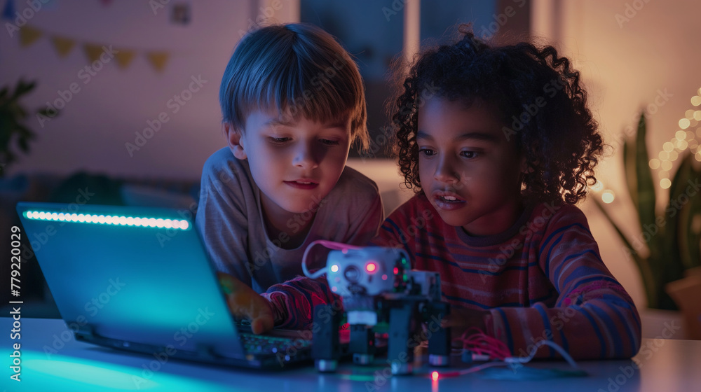 Poster two children collaborating on programming their robot on a laptop, their faces lit by the screen's g