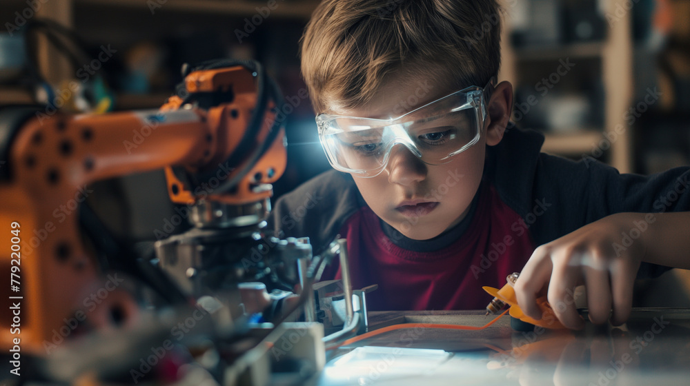 Aufkleber children wearing safety goggles and working on a robotic arm, adjusting its components. the natural 