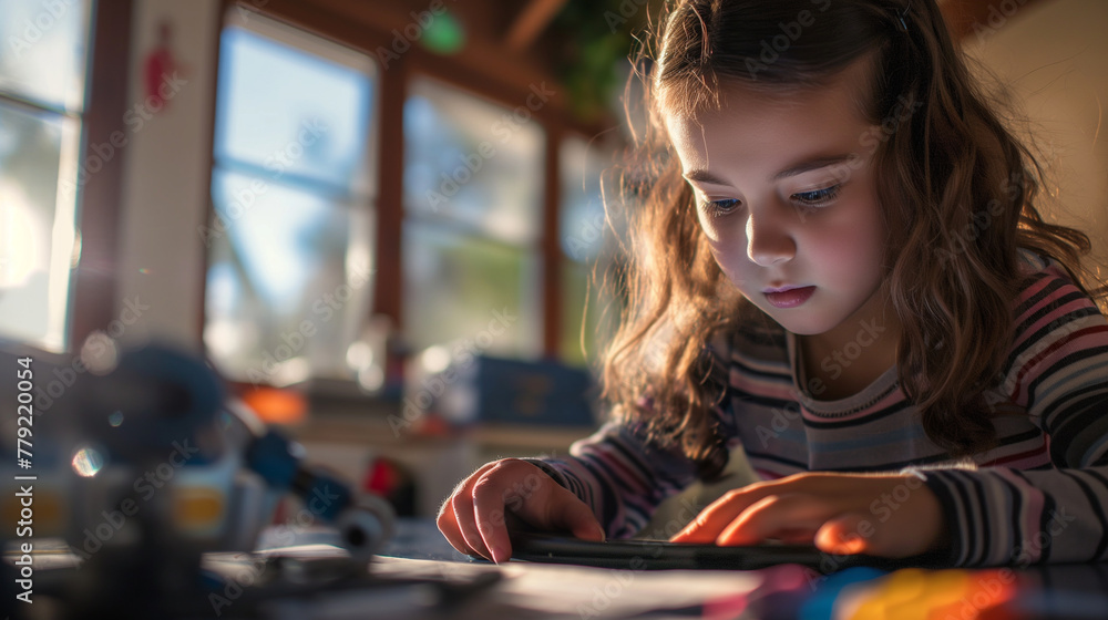 Aufkleber a young girl programming a robot using a tablet, deeply engrossed in her task. the sunlight from a n