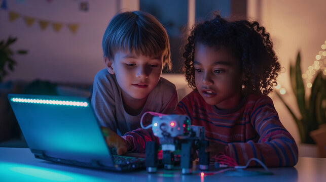 Two children collaborating on programming their robot on a laptop, their faces lit by the screen's glow and the natural light from the room. The soft shadows cast by the sunlight a