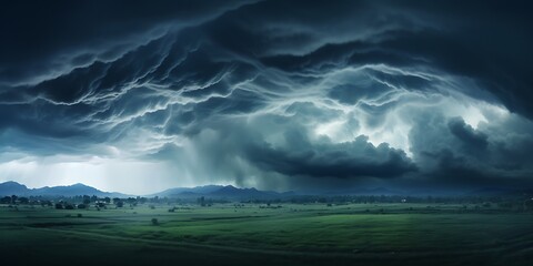 thunderstorm over a green field in the evening. 3d rendering - obrazy, fototapety, plakaty