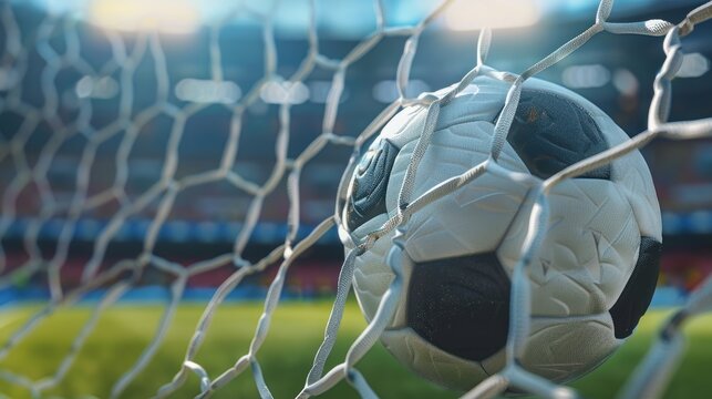 Close up detailed a soccer ball goal in soccer net in a match on the stadium. AI generated image
