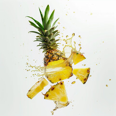 studio photo of pineapple, slices and water drops are  around in weightlessnes on white background