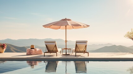 Luxury resort with beach and sun beds, sun loungers and umbrella.