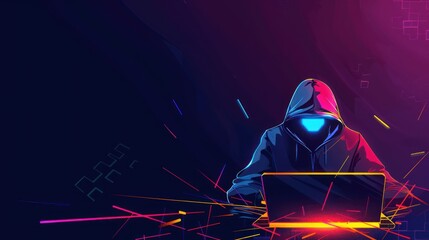 silhouette of hacker in hoodie using laptop