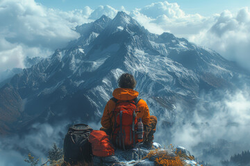 A serene mountaintop, where one adventurer breathes deeply, exhilarated by the breathtaking view, while another sits quietly, contemplating the vastness of the world.  Generative Ai.