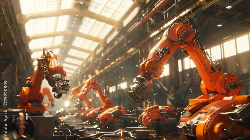 Poster factory filled with orange robots