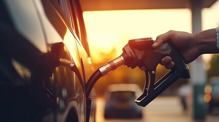 Hand grip man refueling gasoline car on petrol station. - obrazy, fototapety, plakaty