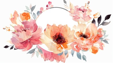 Illustration watercolor beautiful pink and orange rose bouquet on circle frame design. AI generated - obrazy, fototapety, plakaty