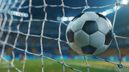 Close up detailed a soccer ball goal in soccer net in a match on the stadium. AI generated image