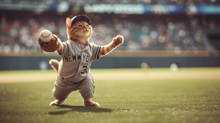 Cat Standing on Baseball Field - obrazy, fototapety, plakaty