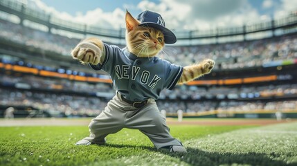 Cat Baseball Player on Field