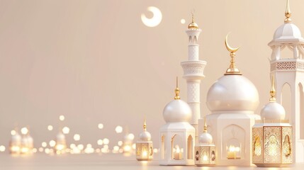 Obraz premium 3d render, white mosque and lanterns, golden lanterns and crescent moon, white background ,Muslim holiday Ramadan Kareem concept.