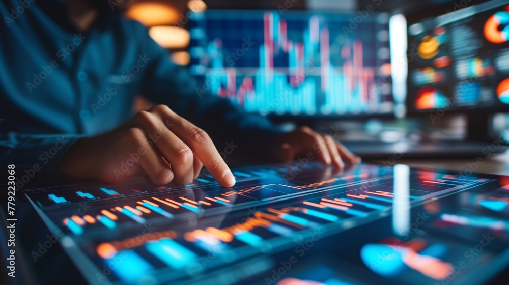 Poster person analyzing data on computer