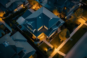 An aerial shot capturing the dramatic presence of a craftsman home facade in sleek charcoal gray, illuminated by the glow of streetlights.