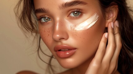 Beauty Portrait: Model with Cosmetics Cream on Cheek, Makeup Glamour Shot