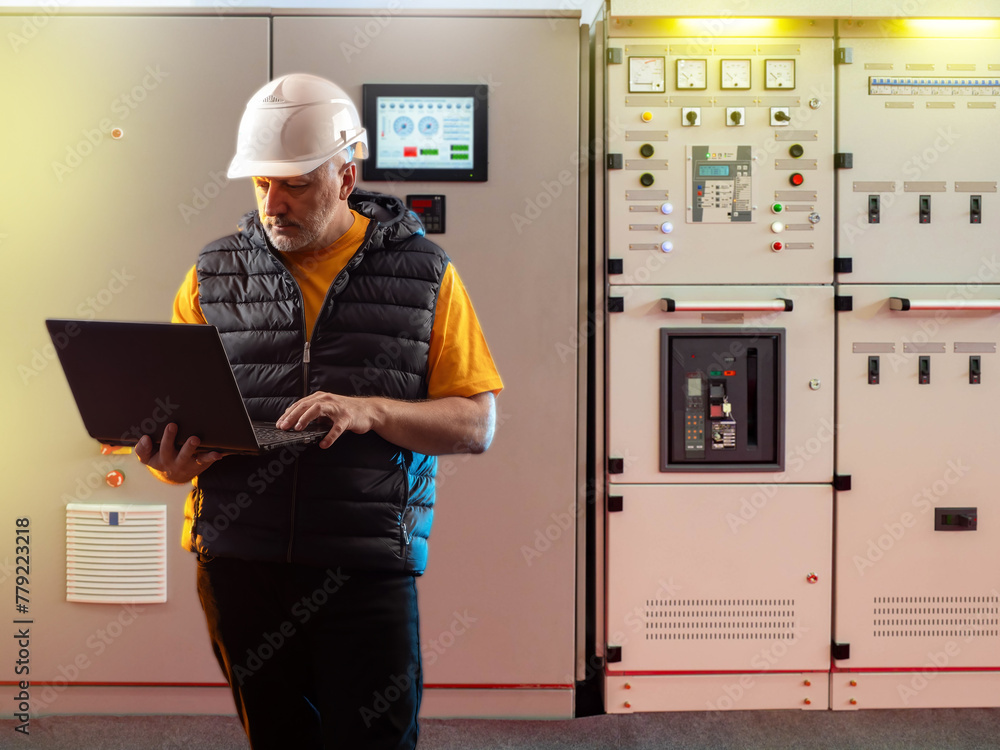 Aufkleber man engineer. factory technologist. engineer man near industrial equipment. manufacturing contractor