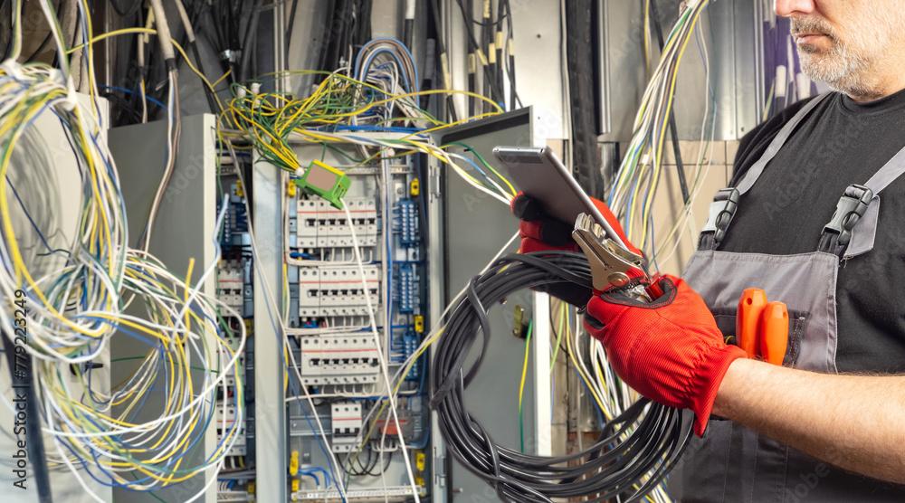 Poster hands of electrician with tablet computer. electrical wires are sticking out of power panel. electri