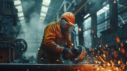 Man Working on Metal in Factory - obrazy, fototapety, plakaty
