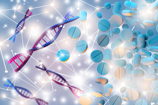 Treatment of genetic diseases. Tablets near DNA strands. Genome chains near drugs. Combating genetic problems. DNA background. Genetic pharmacology. Medicine, healthcare. 3d image.