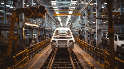 Fototapeta premium Car Being Assembled on Factory Conveyor Belt