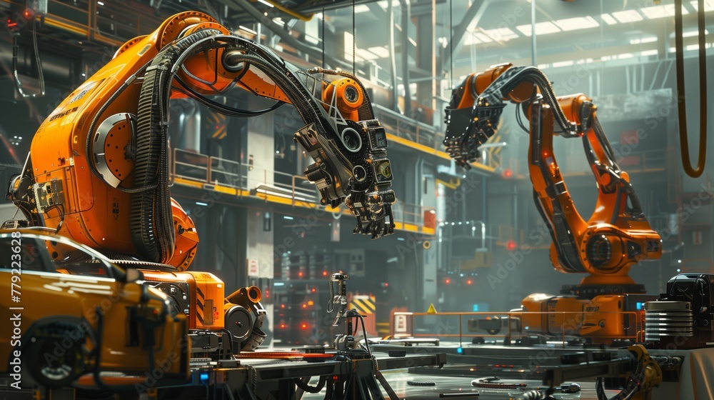 Poster robots working on car in factory