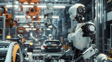 Robot Next to Car in Factory