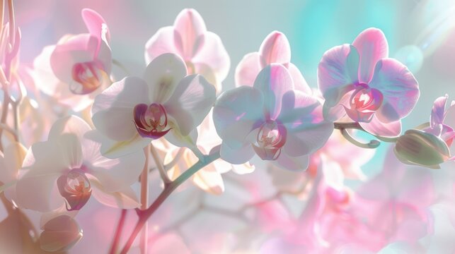 Beautiful orchids flowers with sweet color soft nature blur background. AI generated image