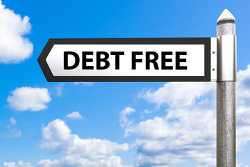 Debt free index signs. Loan exemption zone. Debt free arrow under blue sky. Template for...