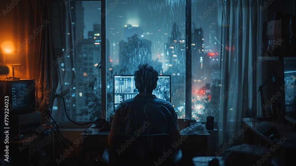 Poster man working at desk by window