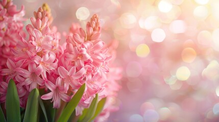 Beautiful pink hyacinthus spring flowers on nature blur background. AI generated image
