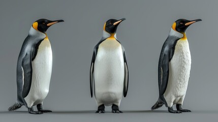 Portrait funny three emperor penguins arctic bird animal Isolated on gray background. AI generated