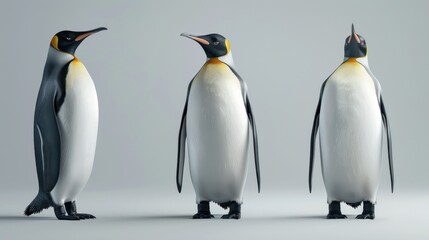 Portrait funny three emperor penguins arctic bird animal Isolated on gray background. AI generated