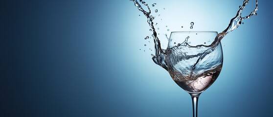 Water pouring into wineglass on light blue background