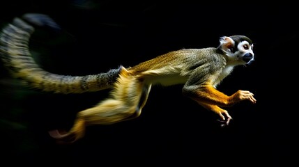 agile motion of a squirrel monkey swinging through the trees - long tail and expressive face -...