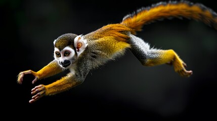 agile motion of a squirrel monkey swinging through the trees - long tail and expressive face -...