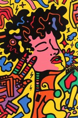 Fototapeta premium The image features a stylized profile of a woman with vibrant, abstract patterns and shapes surrounding her on a bright background