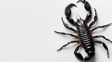 an angry black scorpion isolated on a plain white background, with copy space for text on the left,