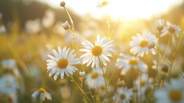 Beautiful nature scene of chamomile flowers field in sunlight background. AI generated image