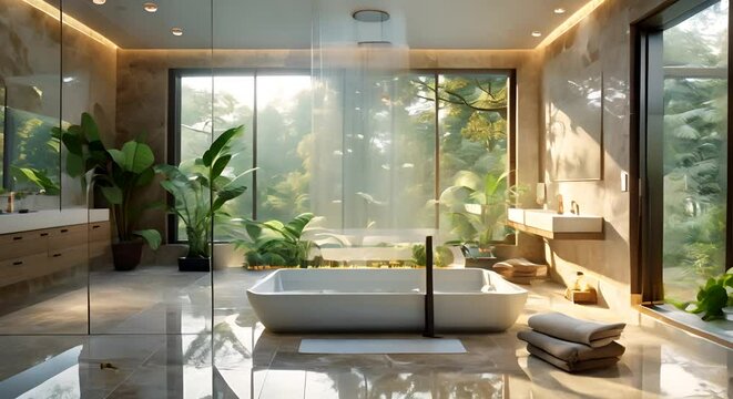 A bathroom with a large tub and a large window, offering plenty of space and natural light, A luxurious modern bathroom with a soaking tub and glass shower