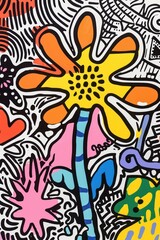 Vibrant street art depicting a whimsical flower surrounded by abstract patterns and shapes, with a bold use of color