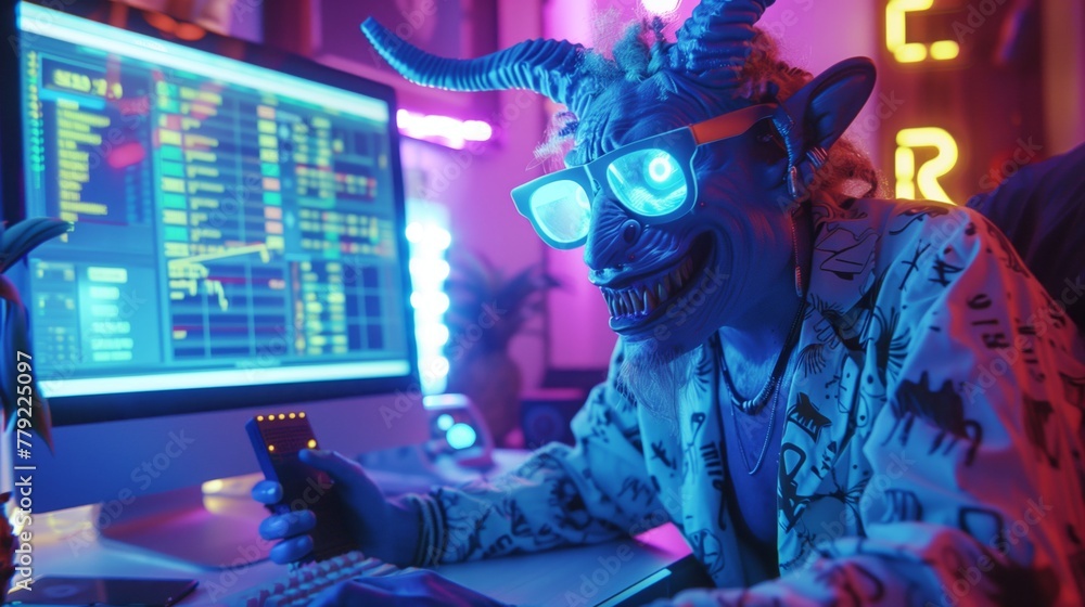 Poster man in horned mask using computer