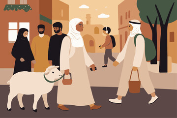 Muslim people walking on the street with a lamb preparing eid al adha feast