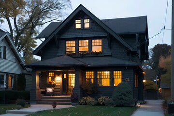 A dramatic craftsman home exterior featuring sleek charcoal gray tones, illuminated by the glow of streetlights.