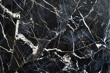An expansive surface of black marble, its glossy finish punctuated by striking white veins, creating a powerful and elegant statement. 32k, full ultra HD, high resolution - obrazy, fototapety, plakaty