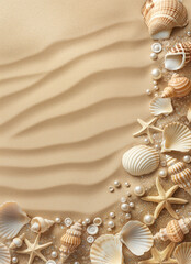 Sea shells on the beach. Empty space. Summer vacation and travel concept.
