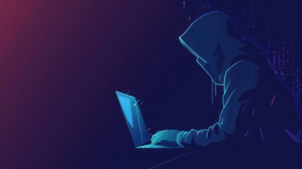 silhouette of hacker in hoodie using laptop - obrazy, fototapety, plakaty