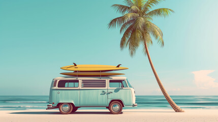 Illustration of a minivan on a beach between palm trees.  Surfboard on the minivan.