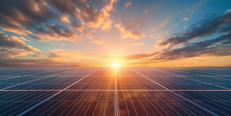 Solar panels farm. Clean eco friendly solar energy.	Cloudy sunset.
 - obrazy, fototapety, plakaty